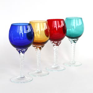 Handmade Italian Wine Glasses: 1950s Red Blue Teal Amber Set