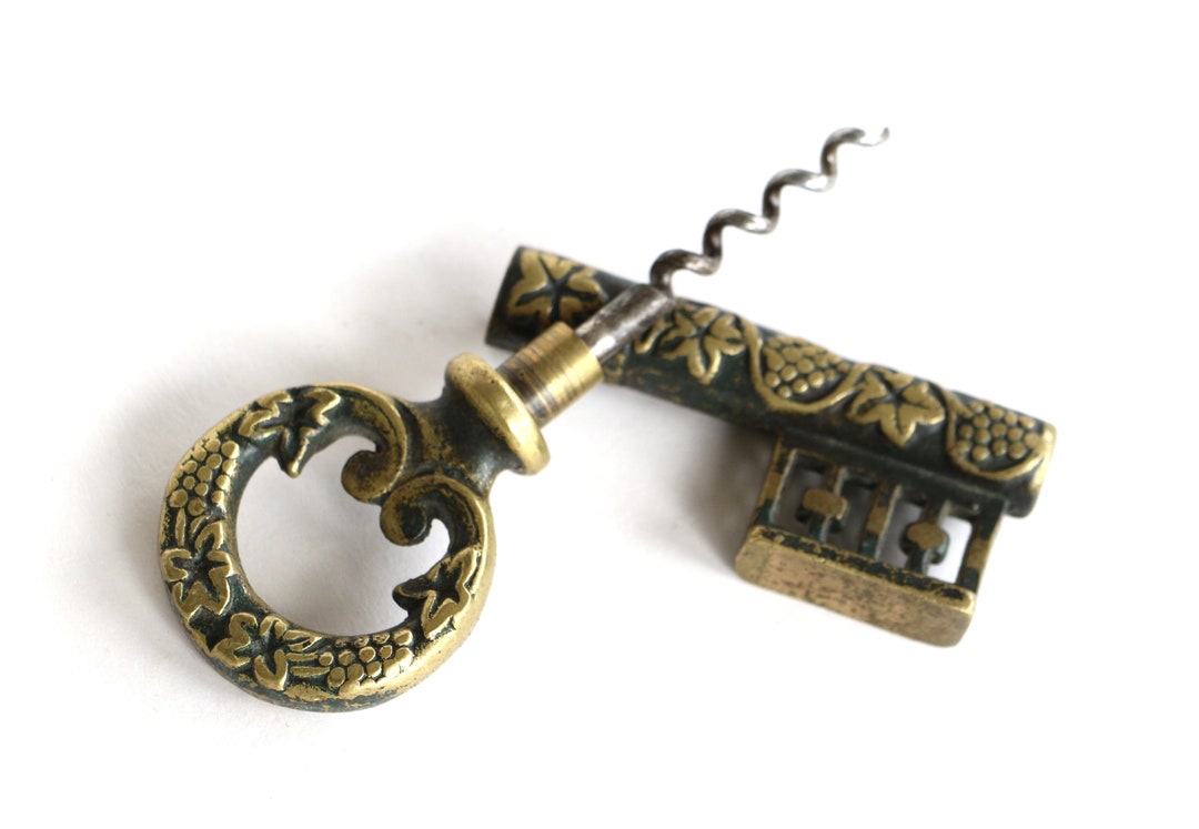 Vintage Corkscrew Bottle Opener Skeleton Key Solid Metal Brass