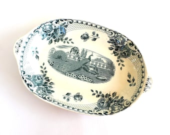 Green Peacock Societe Ceramique Maestricht Holland large ceramic serving dish 37 cm, 19 1/2"