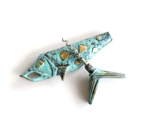 Novelty corkscrew fish bottle opener solid brass opener verdigris mid century modernist collectible