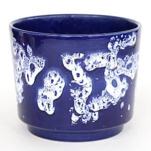 West German pottery planter blue plant pot Marei style mid century modern fat lava vintage cactus or flower pot blue marine white splash