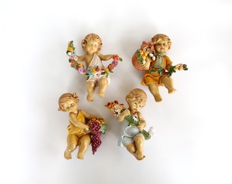 Conjunto de 4 figuras de ángeles Fontanini Simonetti, estilo vintage italiano, pintado a mano con motivos de las cuatro estaciones.