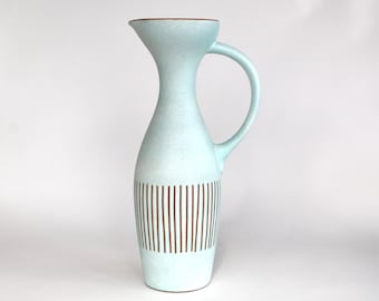 Steuler Handled Vase: Grey Blue Glaze, Sgrafito Design (50s Modernist)