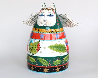 Tarro de galletas con forma de gatito ángel de Laurel Burch: Barril de galletas de cerámica de Bella Casa