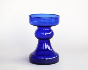 Blue hooped glass vase or candle holder Ingrid Glass MCM modernist