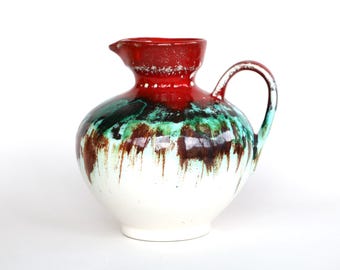 Jarrón de lava gruesa: Cerámica de Alemania Occidental 321-14, esmalte de goteo rojo-verde