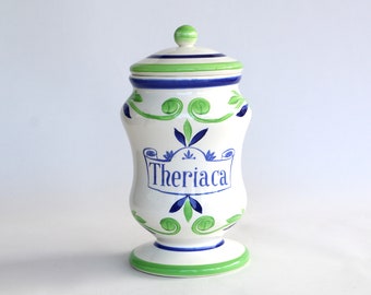 Gien French pottery Theriaca jar sixties mid century modern hand painted vintage France ceramic lidded container antidote apothecary jar