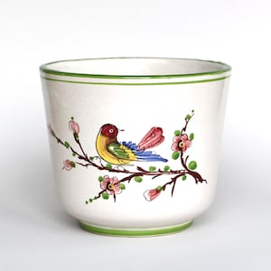 West German pottery planter hand painted flowers and bird plant pot mid century modern ceramic cactus pot off white flower pot green rim