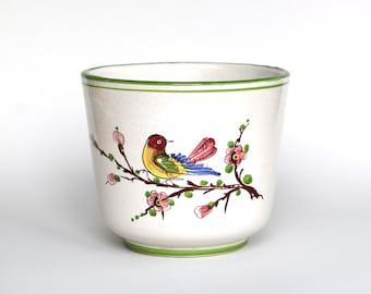 Maceta de cerámica de Alemania Occidental: decoración floral de pájaros pintada a mano, estilo moderno de mediados de siglo.