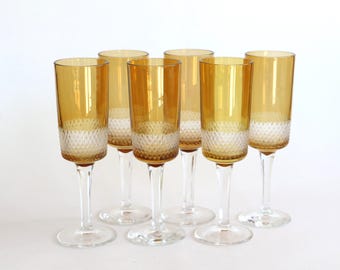 West German amber Crystal modernist cut to clear set 6 brutalist champagne glasses 60s