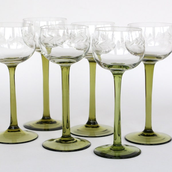 Antique art nouveau engraved white wine glasses set of 6 jugendstil 1920 blown glass hand made green stemmed german crystal glasses riesling