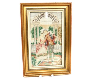 Tapiz antiguo de bordado con marco: Escena romántica, estilo Biedermeier