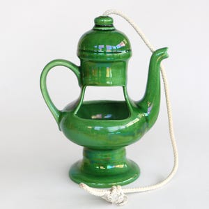 Vintage West German Ceramic Hanging Planter: Green Lava Teapot Shape 70s