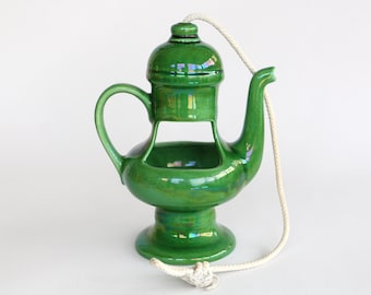 Vintage West German Ceramic Hanging Planter: Green Lava Teapot Shape 70s