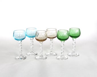 Juego de copas de licor francesas vintage: cristal soplado a mano, turquesa aguamarina, años 50