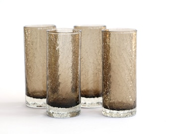 Vasos vintage de vidrio ahumado: Juego de 4 vasos craquelados de Alemania Occidental