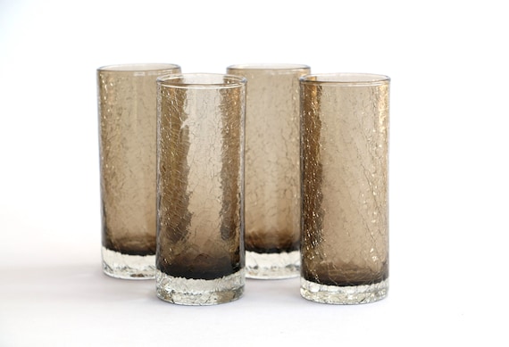 Vintage Smoked Glass Tumblers: Set of 4 Craquelure West German Glasses