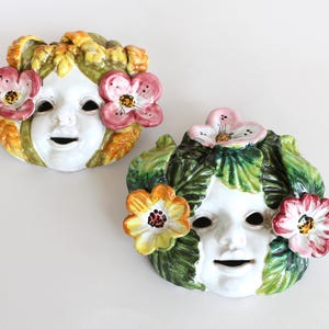Italian decorative mask majolica pottery flower girl mask ceramic wall hanger Italy souvenir 60s design set of 2 floral greenery handmade