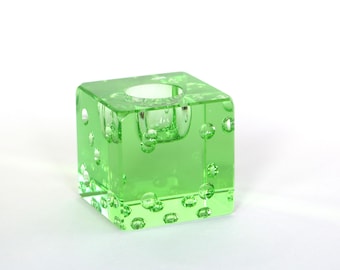 Green glass dice candle holder cube mid century modern modernist candlestick