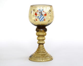 Historicismo, antiguo, vino esmaltado a mano, roemer alemán, extremo heráldico, cristal del siglo XIX