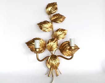 Florentine Italy vintage leaf wall sconce gilded metal hollywood regency wall lamp sixties