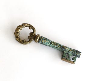 Vintage corkscrew bottle opener skeleton key german solid metal brass patinated mid century modern