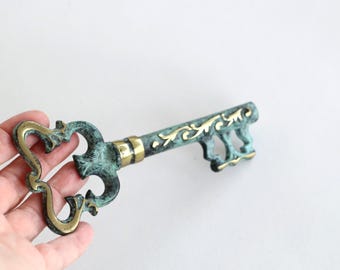 Vintage bottle opener skeleton key corkscrew german solid metal patinated brass mid century modern