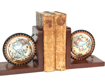 Funky wooden book ends with globe vintage sixties woodwork steam punk earth cd holder world mid century modern geography map modernist