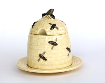 Black Forest honey pot beehive West German art pottery jar and saucer vintage kitchenalia yellow fifties