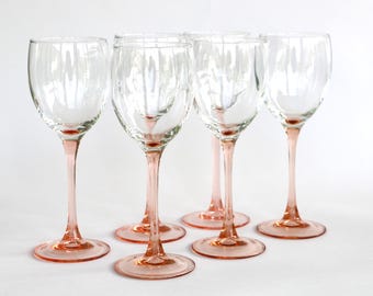 Luminarc France set 6 pink stemmed wine glasses medium blush pink stem french 80s tumblers rose glass