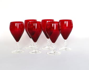 Fifties Italian wine glasses red with twisted stem handmade set of 6