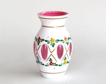 Czech Bohemian Pink Cased to White overlay crystal Glass Vase Hand Painted floral design