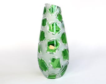 West German Jupiter Crystal Vase: Cut-to-Clear Green Modernist Design (22.5cm)