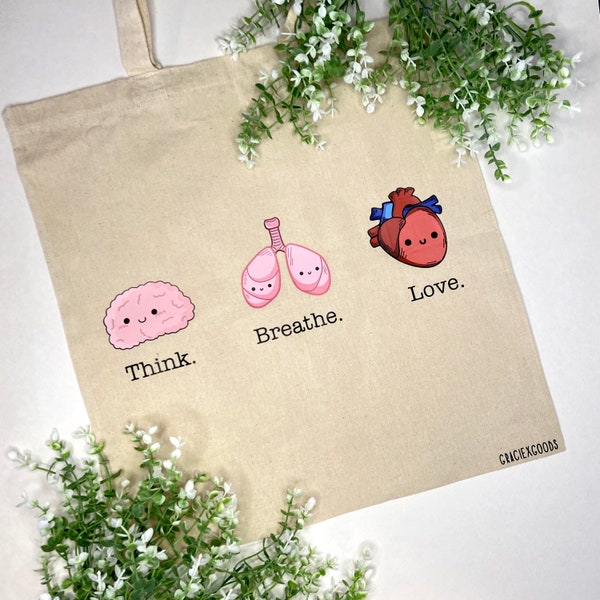 Anatomy Canvas Tote, Brain, Lungs, Heart, (Think, Breath, Love) Human Anatomy, Healthcare, Medical