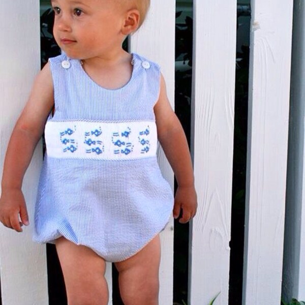 Smocked Seersucker Fish Bubble, for boys or girls summer beach