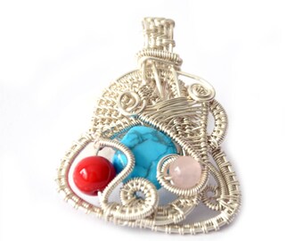 Turquoise-coral-rose quartz wire wrapped pendant; tarnish resistant silver plated jewelry; hand made wire wrapped gift; hand made present;