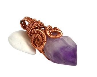 Amethyst drop pendant; amethyst gem pendant wrapped in copper wire; wire wrapped jewellery; wire wrapped pendant