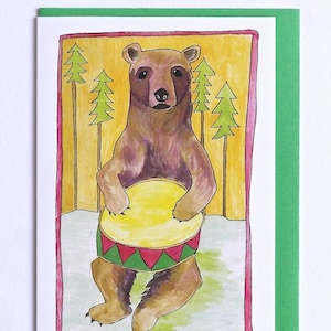 Bear Card, Music Card, Drummer Bear, Hand Illustrated Greetings Card