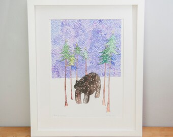 Bear Print, Bear Illustration, Bear Poster, Bear in the Snow, Illustrated Bear Picture