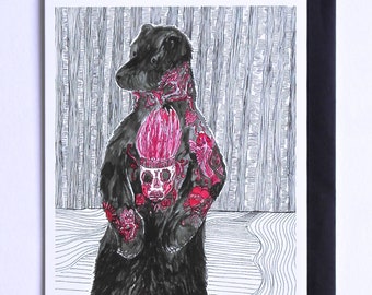 Tattooed Bear Card, Bear card, Illustrated Tattooed Bear Card, A5 card, blank bear card, illustrated animal card