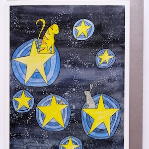 Star Card, Nieuwe Baby Card, Cute Cat Card Card, Animal Card, 'Sitting on a Star' Kaart