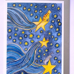 Star Racing Card, Nieuwe Baby Card, Cute Cat Card Card, Animal Card, 'Star Racing' Card, Shooting Star Card