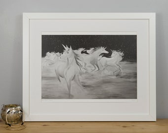 Unicorn Picture, Starlight Run Print, Unicorn Art, Unicorn Print, Unicorn Poster, Fantasy Art, Hand Illustrated A3 Print