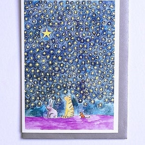 Tarjeta de animales, nueva tarjeta de bebé, tarjeta de bautismo, tarjeta del día del nombramiento, tarjeta ilustrada de tres amigos bajo las estrellas