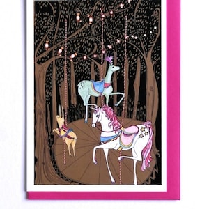 Carte Licorne, Carte Carrousel, Carte Licorne illustrée de fête foraine de nuit d’été, Art fantastique, Art animalier