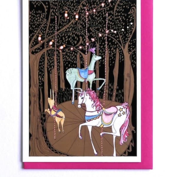 Unicorn Card, Carousel Card, Midsummer Night Fairground Illustrated Unicorn Card, Fantasy Art, Wildlife Art