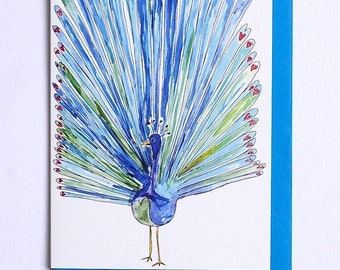 Peacock Card, Illustrated Peacock Card, Peacock of Love, Valentines Card