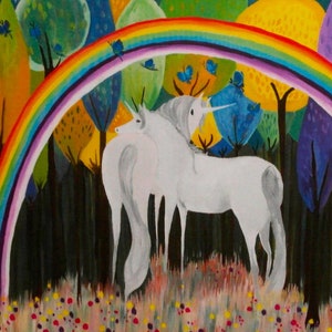 May include: Two white unicorns stand in a whimsical forest setting with a rainbow arching over them. The forest is filled with colorful trees and butterflies.