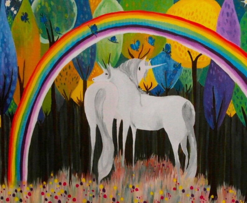 May include: Two white unicorns stand in a whimsical forest setting with a rainbow arching over them. The forest is filled with colorful trees and butterflies.