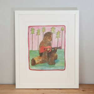 Guitar Bear Illustrated Print, Melancholy Guitar Bear, Bear Art, Bear Print, Bear Picture, Bear Illustration, Bear Poster